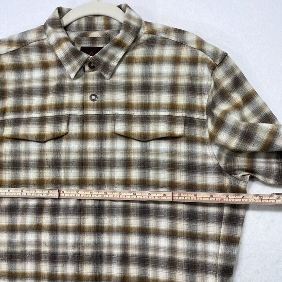 Prana Shirt Men M Cream Tan Grey Plaid Flannel Outdoor Hiking Zipped Pockets - Picture 7 of 10